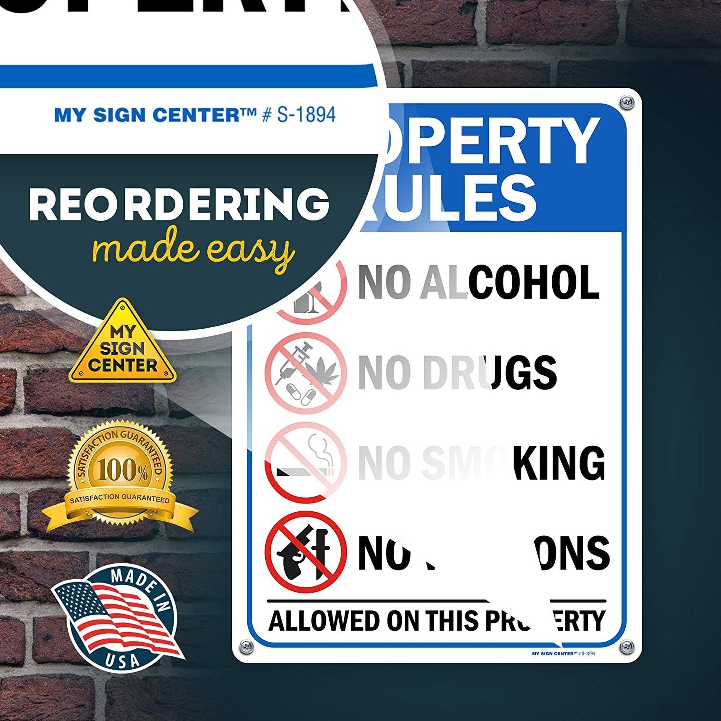 Property Rules Sign No Alcohol, No Drugs, No Weapons, No Smoking