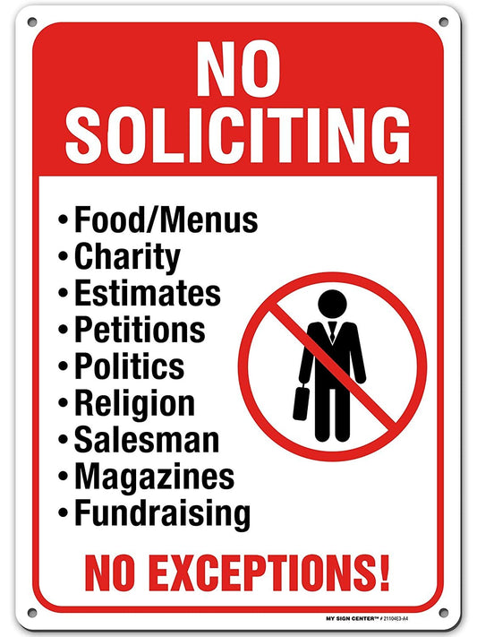 No Soliciting Sign for House No Menu, Political Survey, No Salesmen,  No Religion or Charity