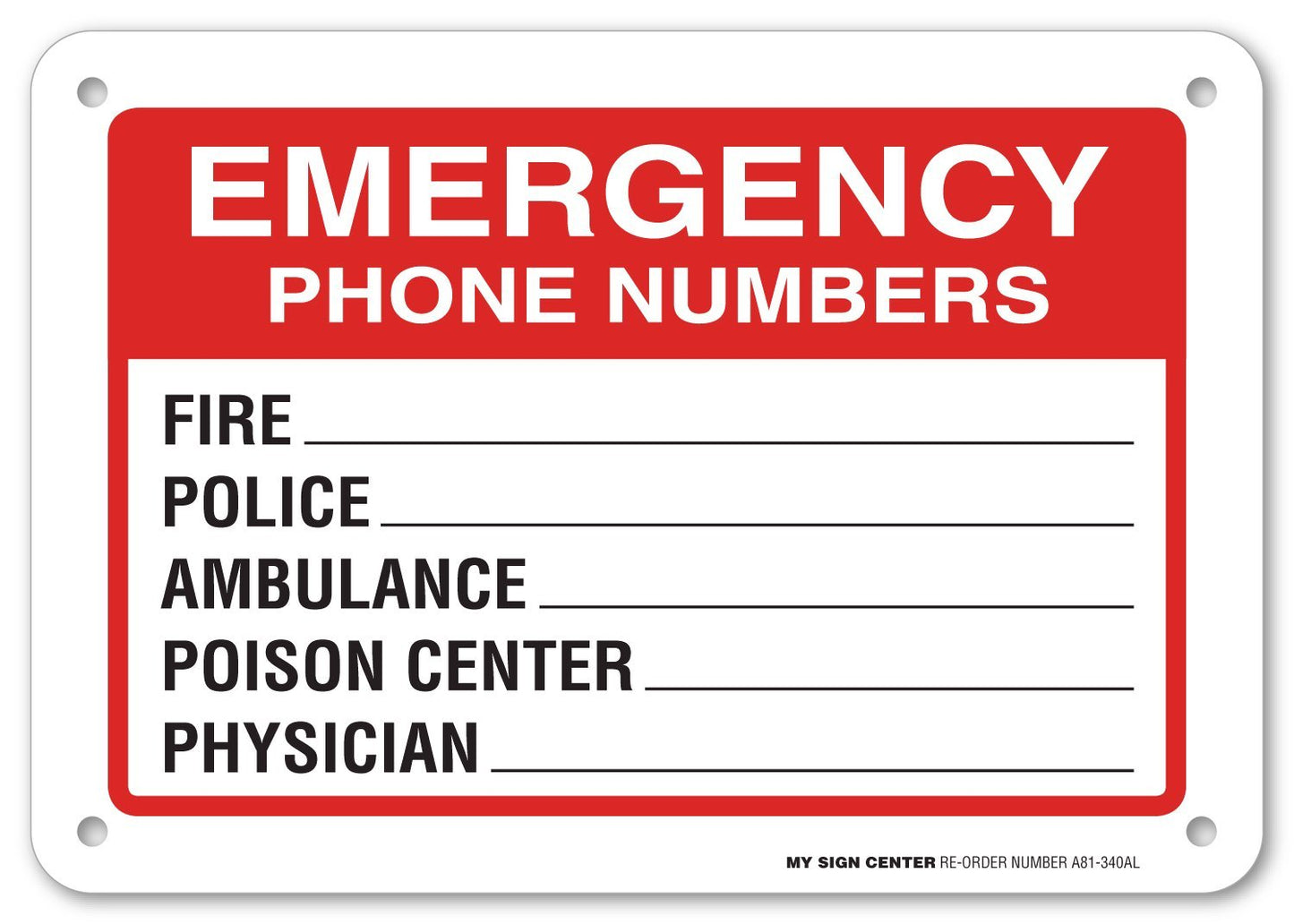 Emergency Phone Numbers Safety Sign