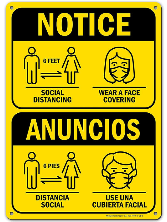 6 Ft Social Distance Sign Bilingual Spanish/English Wear Face Mask Sign